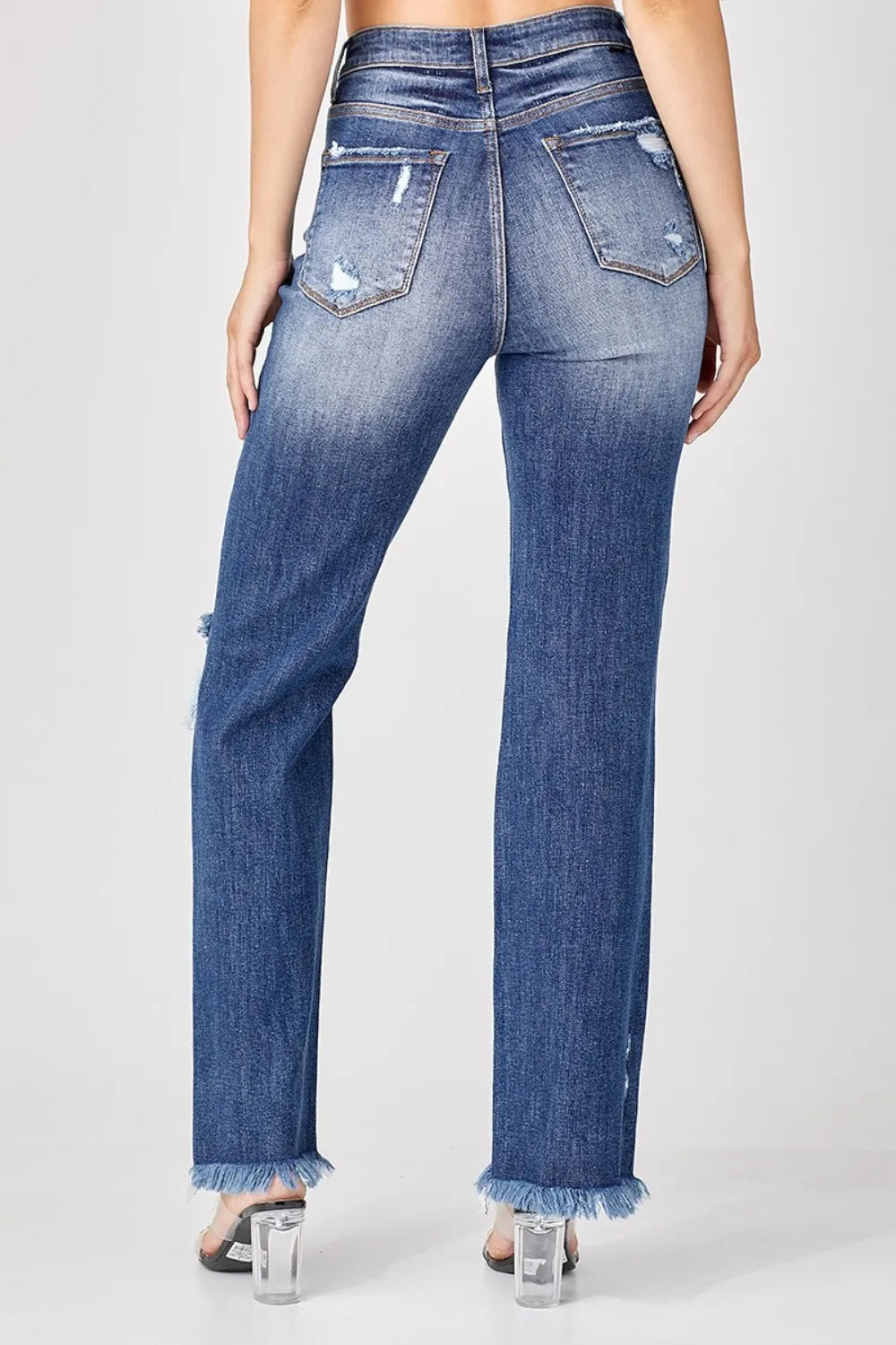 Risen Raw-Hem Distressed Straight Jeans in Deep Blue