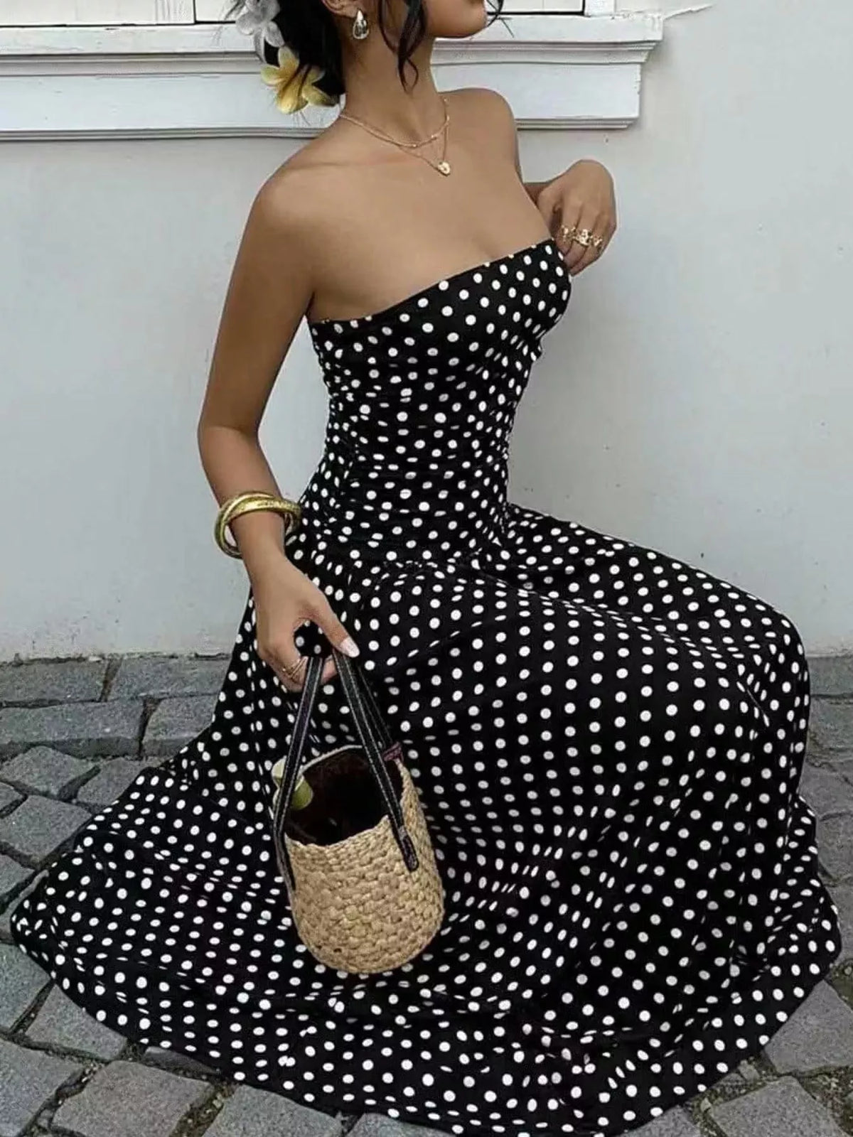 Strapless Polka Dot Ruched Maxi Dress