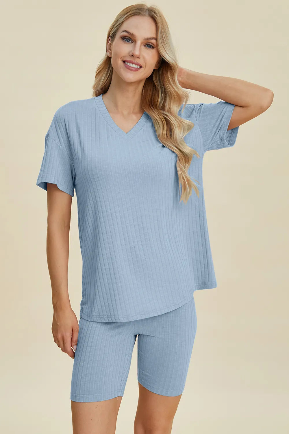 Basic Bae Ribbed V-Neck Top and Shorts Set