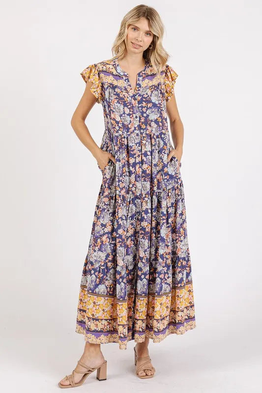 Floral Ruffled Notched Cap Sleeve Maxi Dress in Peacock Blue in Peacock  Blue by Mittoshop