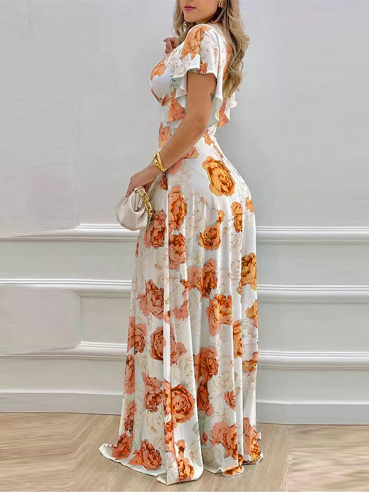 Floral V-Neck Ruffle Sleeve Maxi Dress