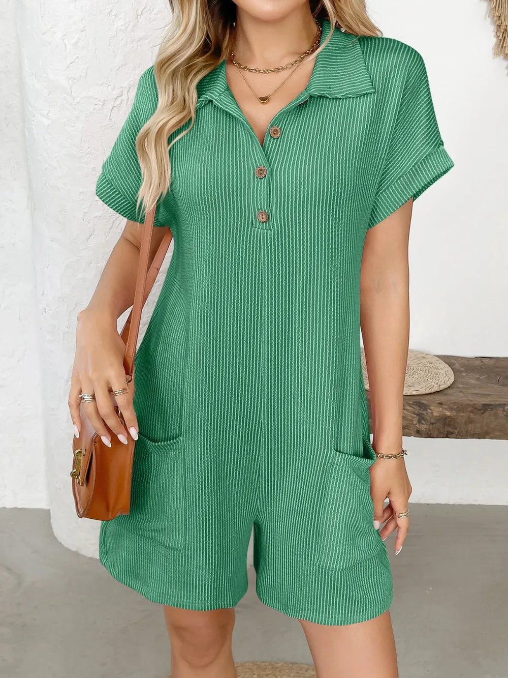 Collared Short Sleeve Button Detail Romper