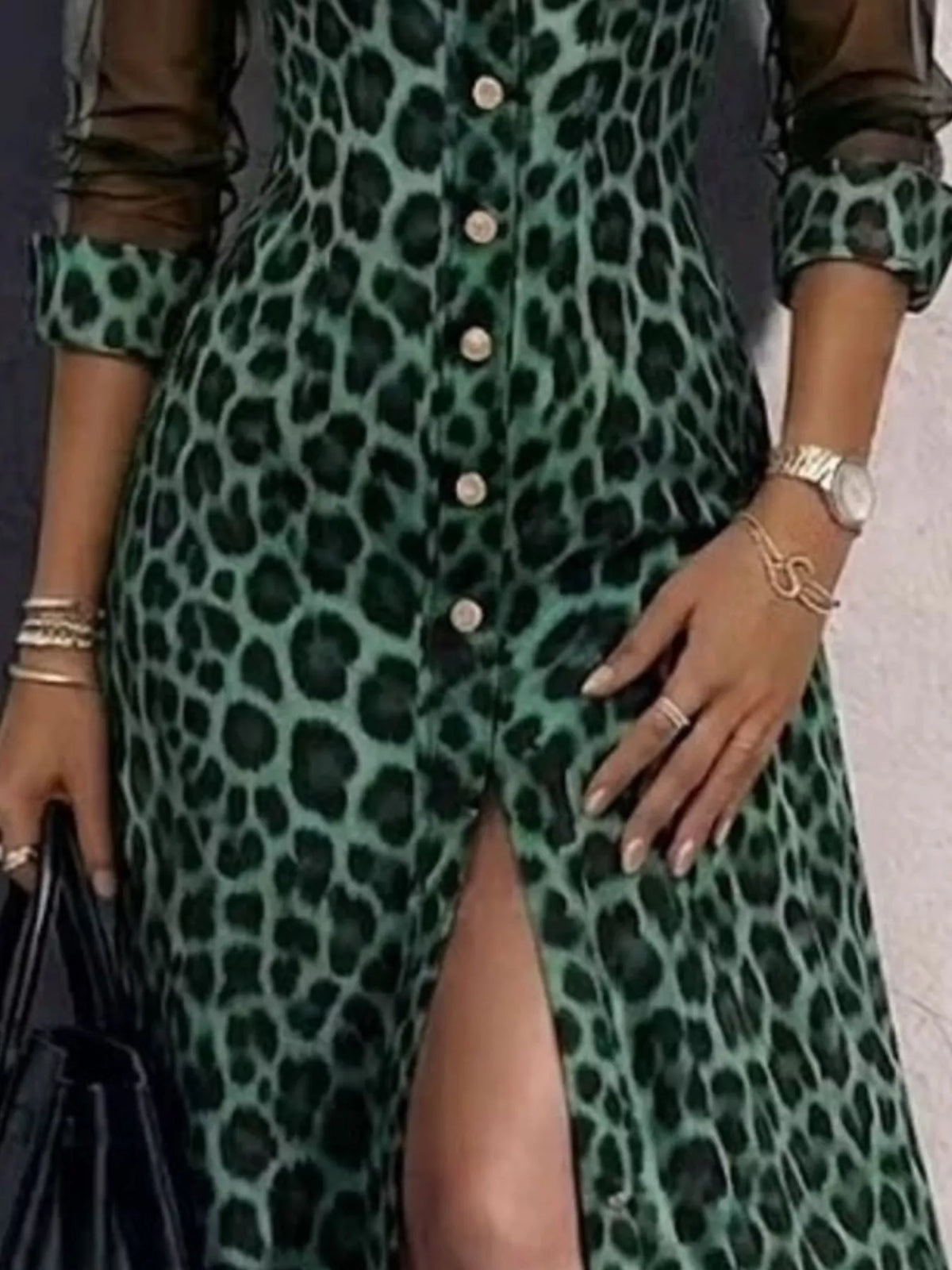 Leopard Sheer Mesh Button-Down Maxi Dress