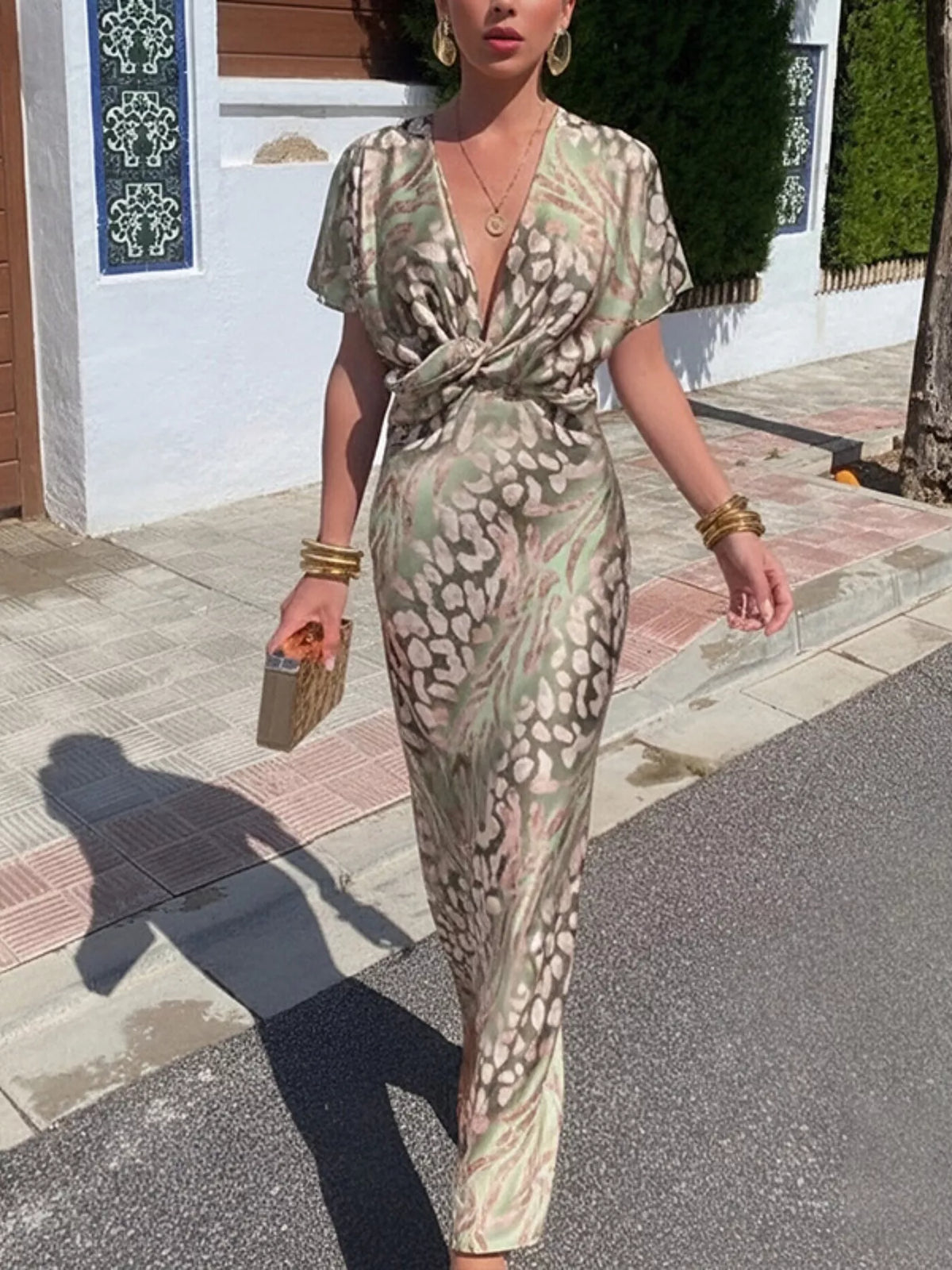 Twist-Front Animal Print Maxi Dress in Sage