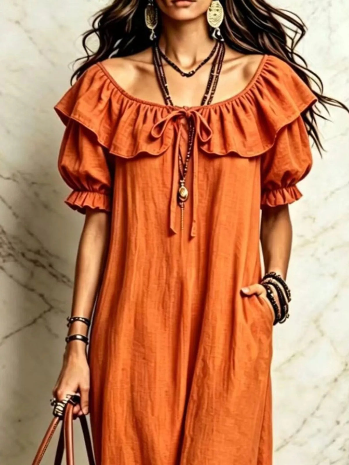 Puff Sleeve Ruffle Trim Maxi Dress
