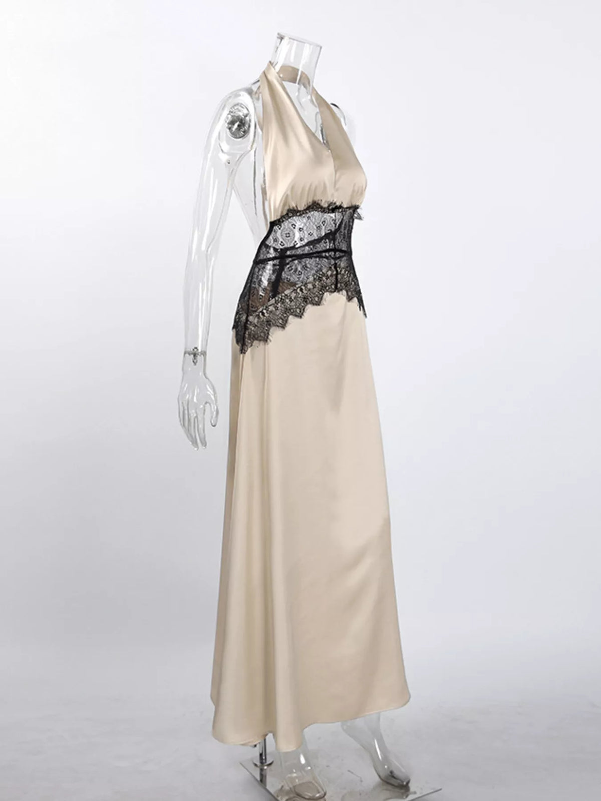Halter Neck Lace Maxi Dress in Khaki in Khaki Color