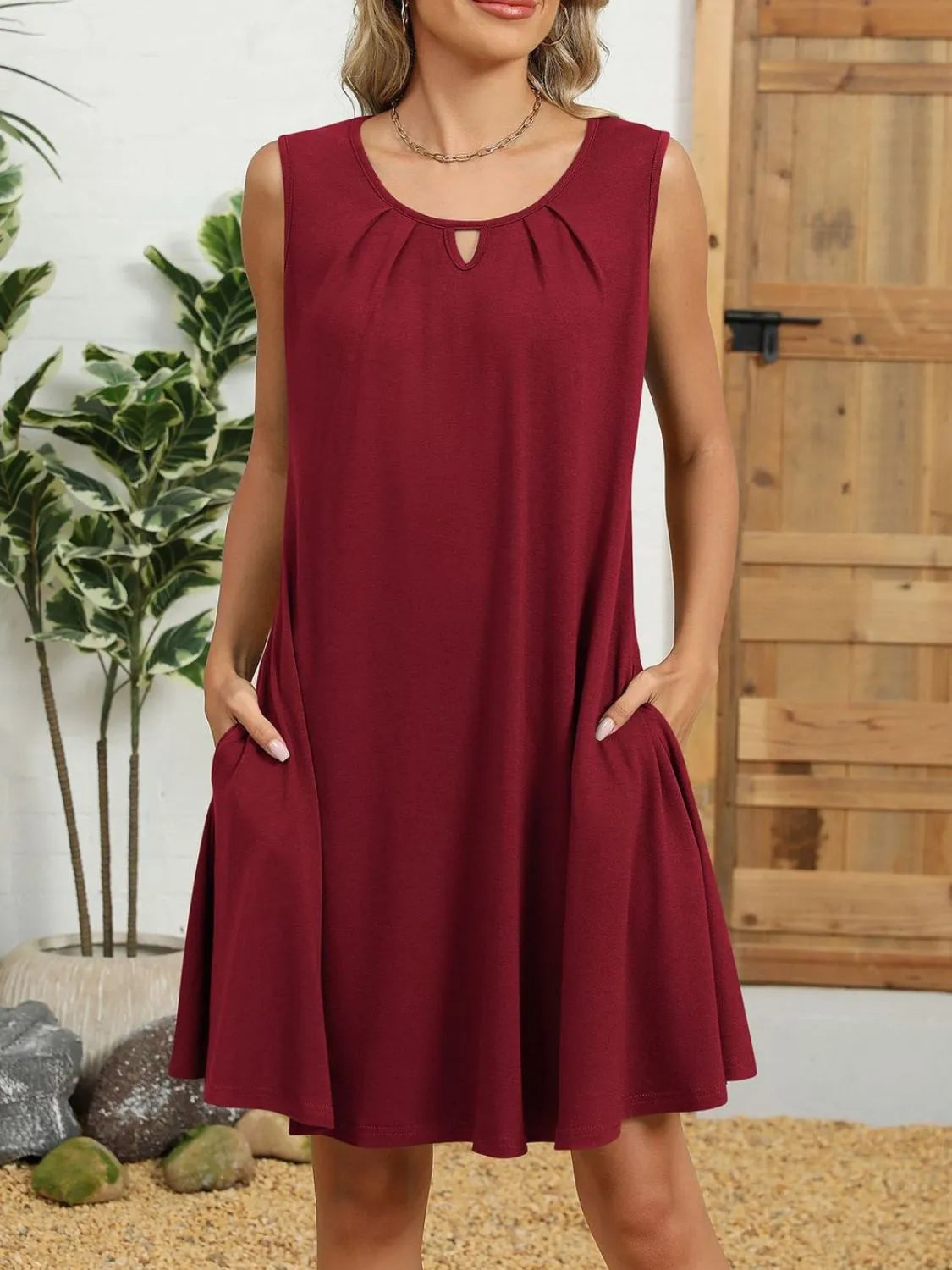 Ruched Round Neck Sleeveless Dress with Pockets