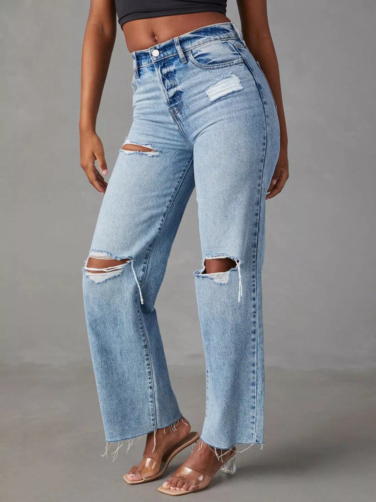 High-Waisted Distressed Jeans in Blue