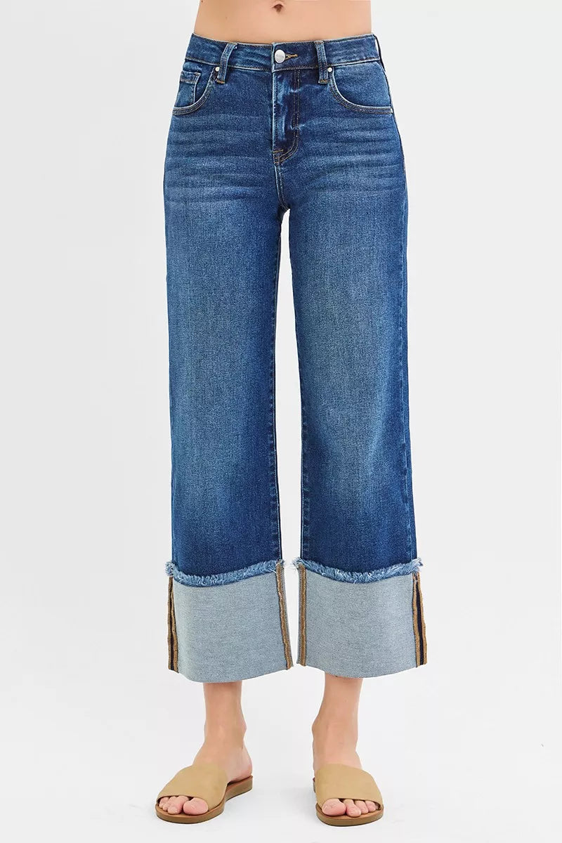 Risen Raw Hem Mid Rise Wide Crop Jeans in Dark Wash
