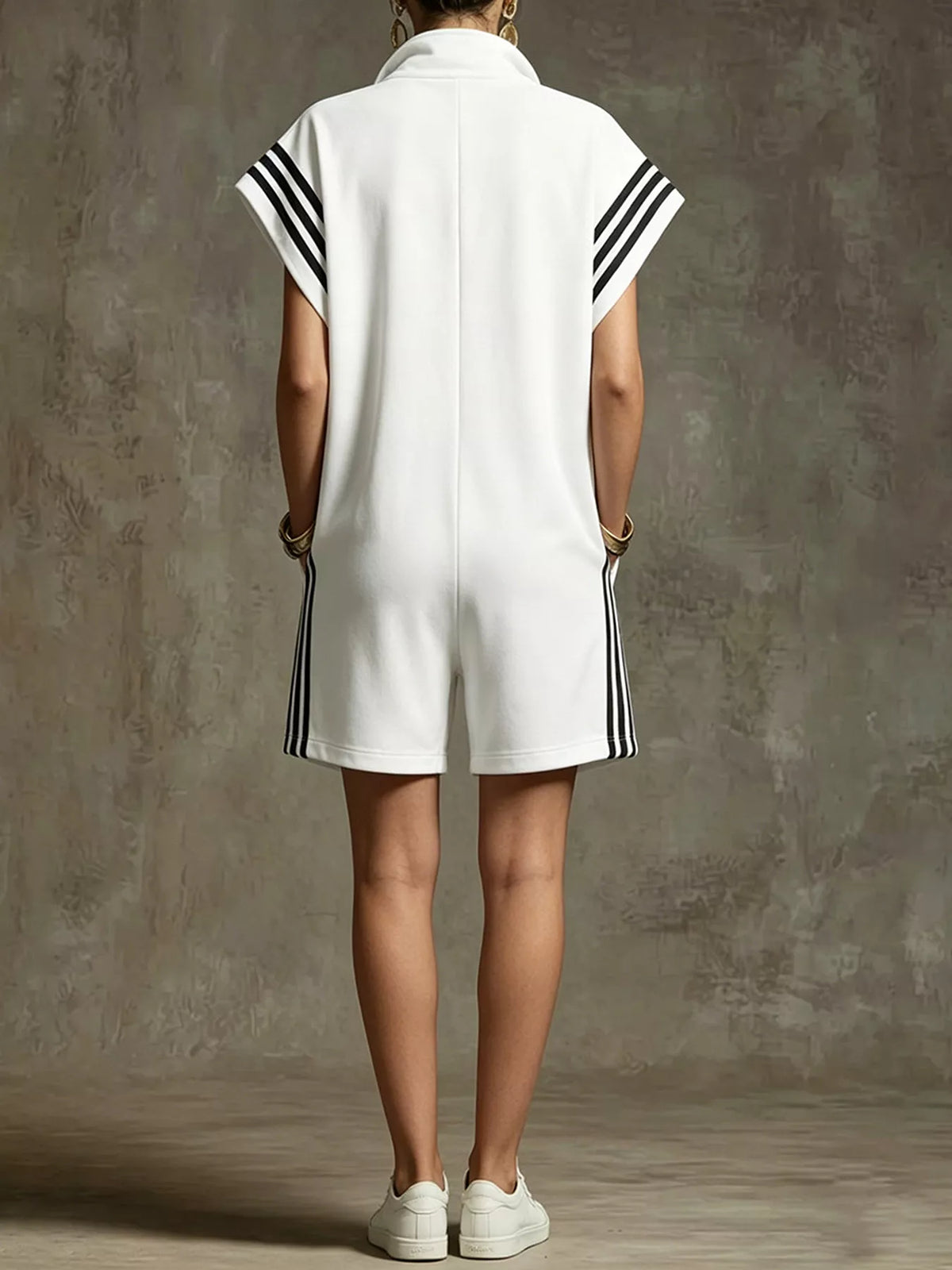 Striped Zip-Front Romper with Pockets