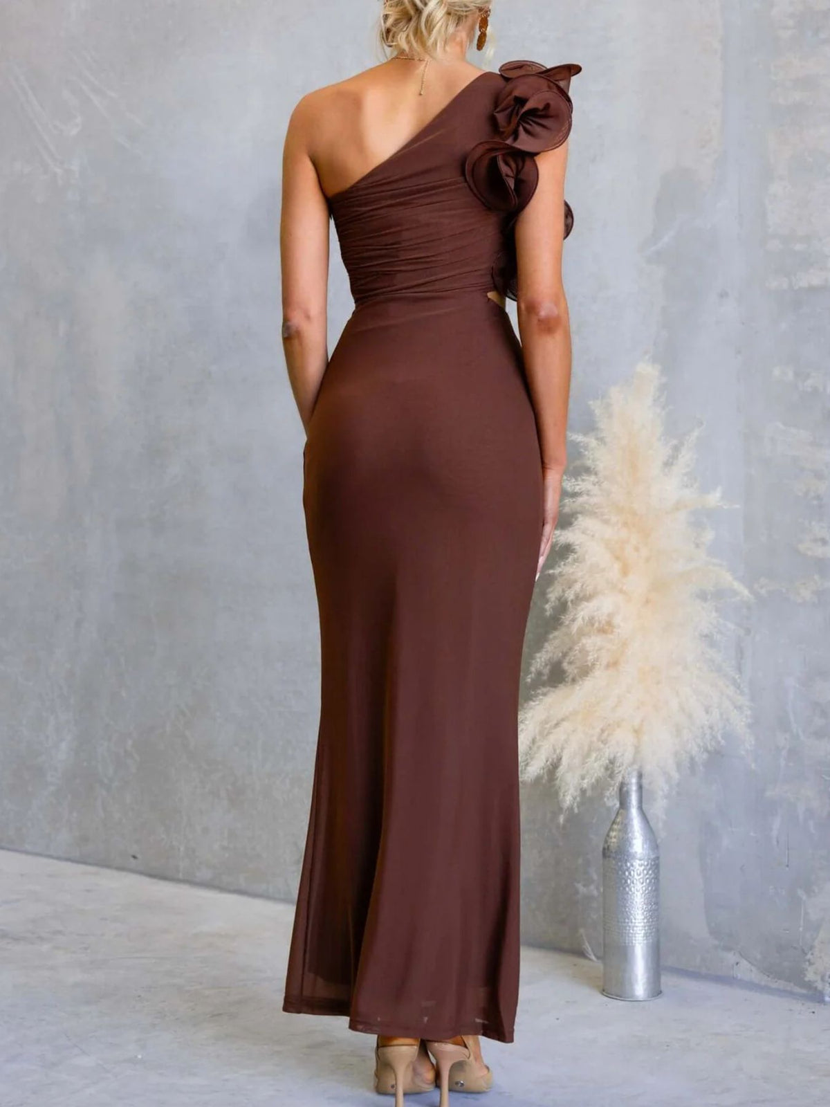 One-Shoulder Floral Trim Maxi Dress