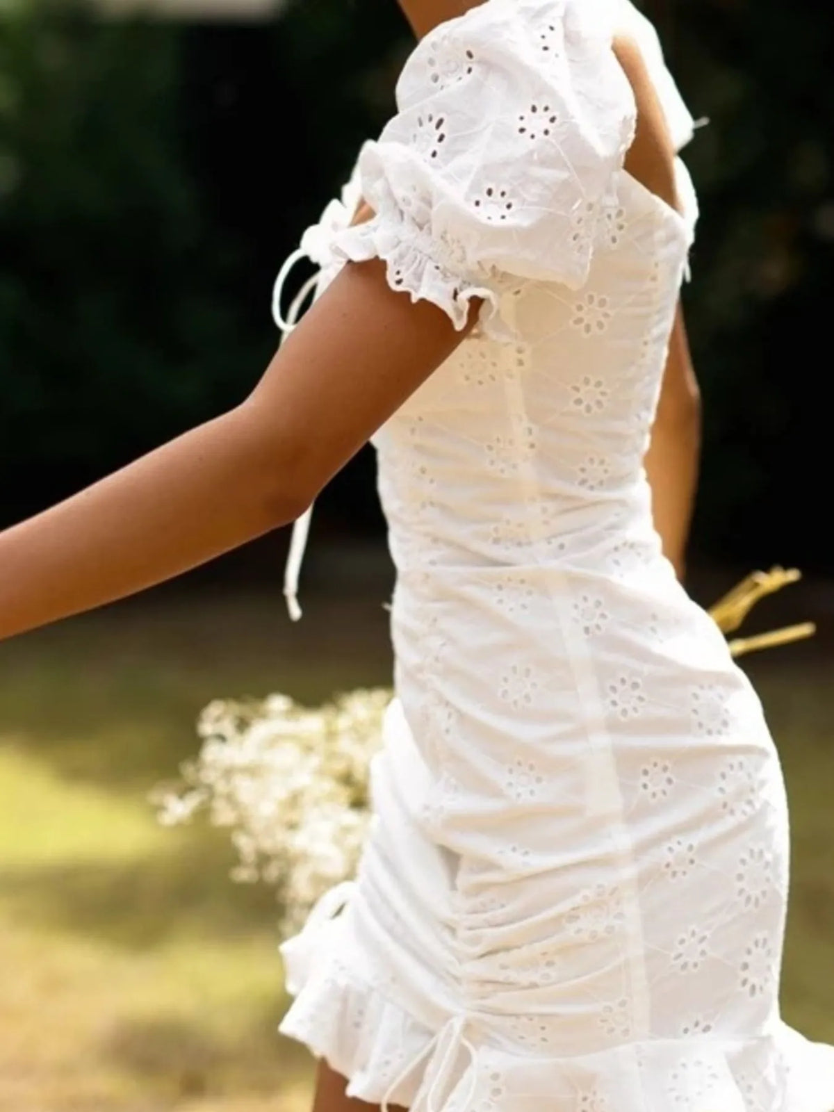 Eyelet Lace-Up Ruffled Hem Mini Dress in White