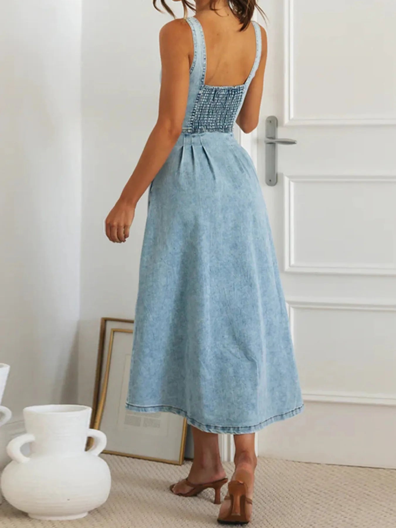 Sweetheart Neck Button-Front Midi Denim Dress in Blue