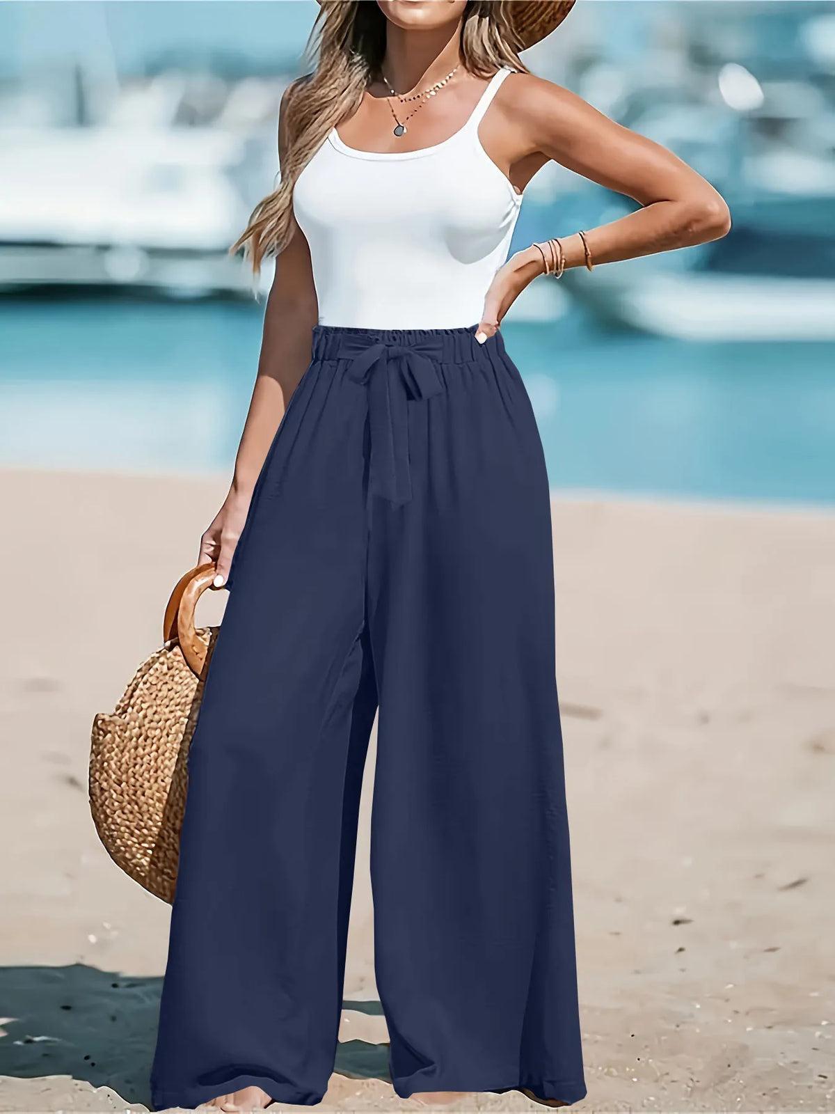 Drawstring Waist Wide-Leg Pants
