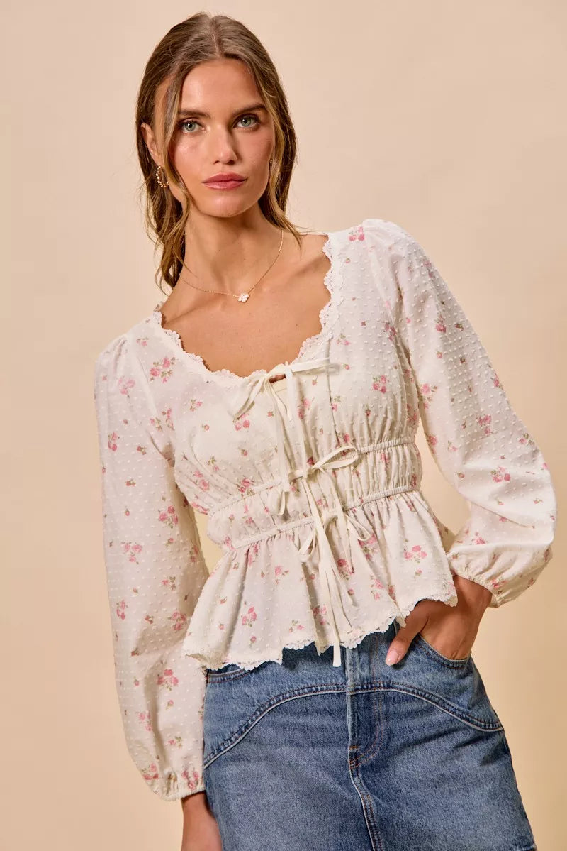 So Me Floral Clip Dot Lace Trim Blouse in White