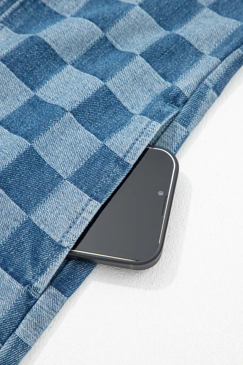 Frayed Hem Checkered Denim Mini Dress in Medium