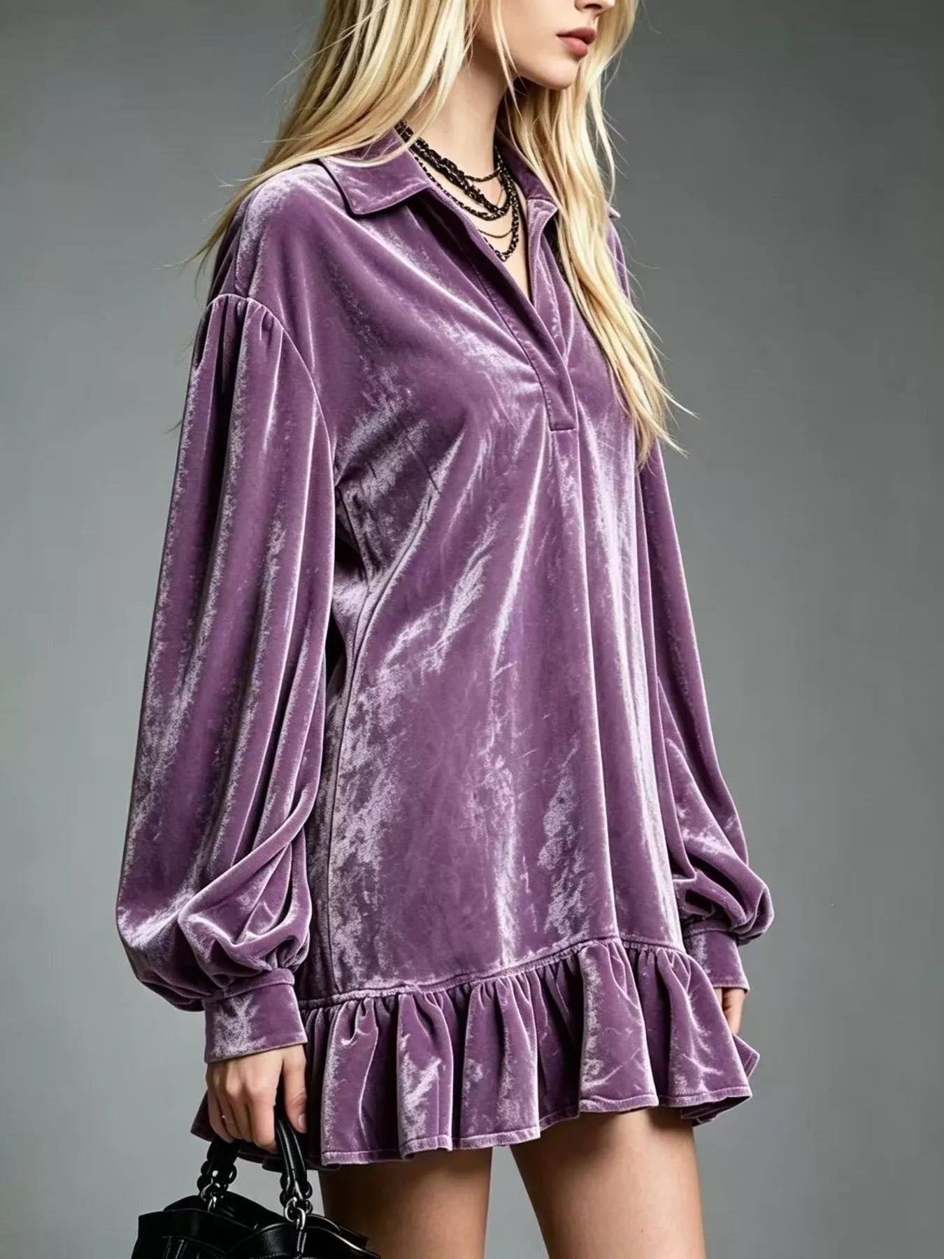 Velvet Ruffled-Hem Long Sleeve Dress