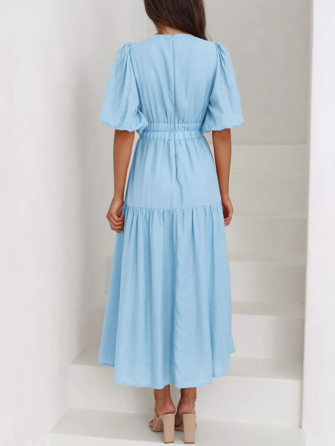V-Neck Puff Sleeve Ruched Midi Dress