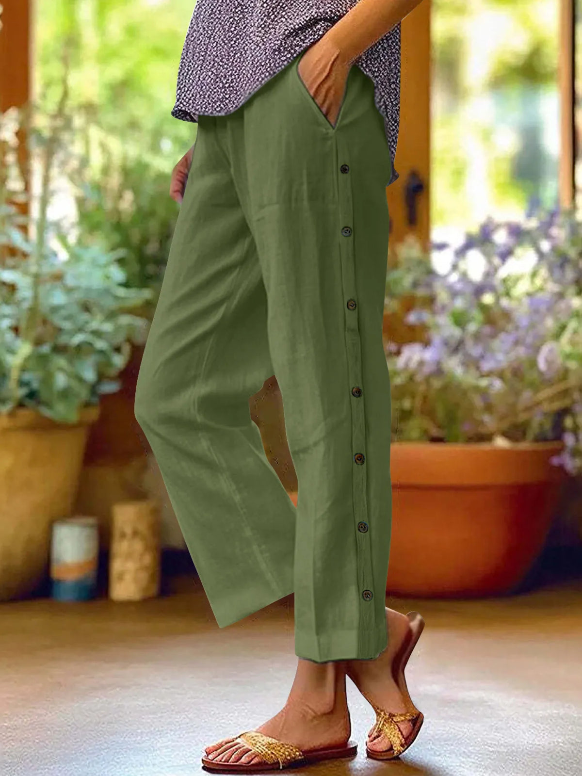 Side Button Wide Leg Pants, Plus Size