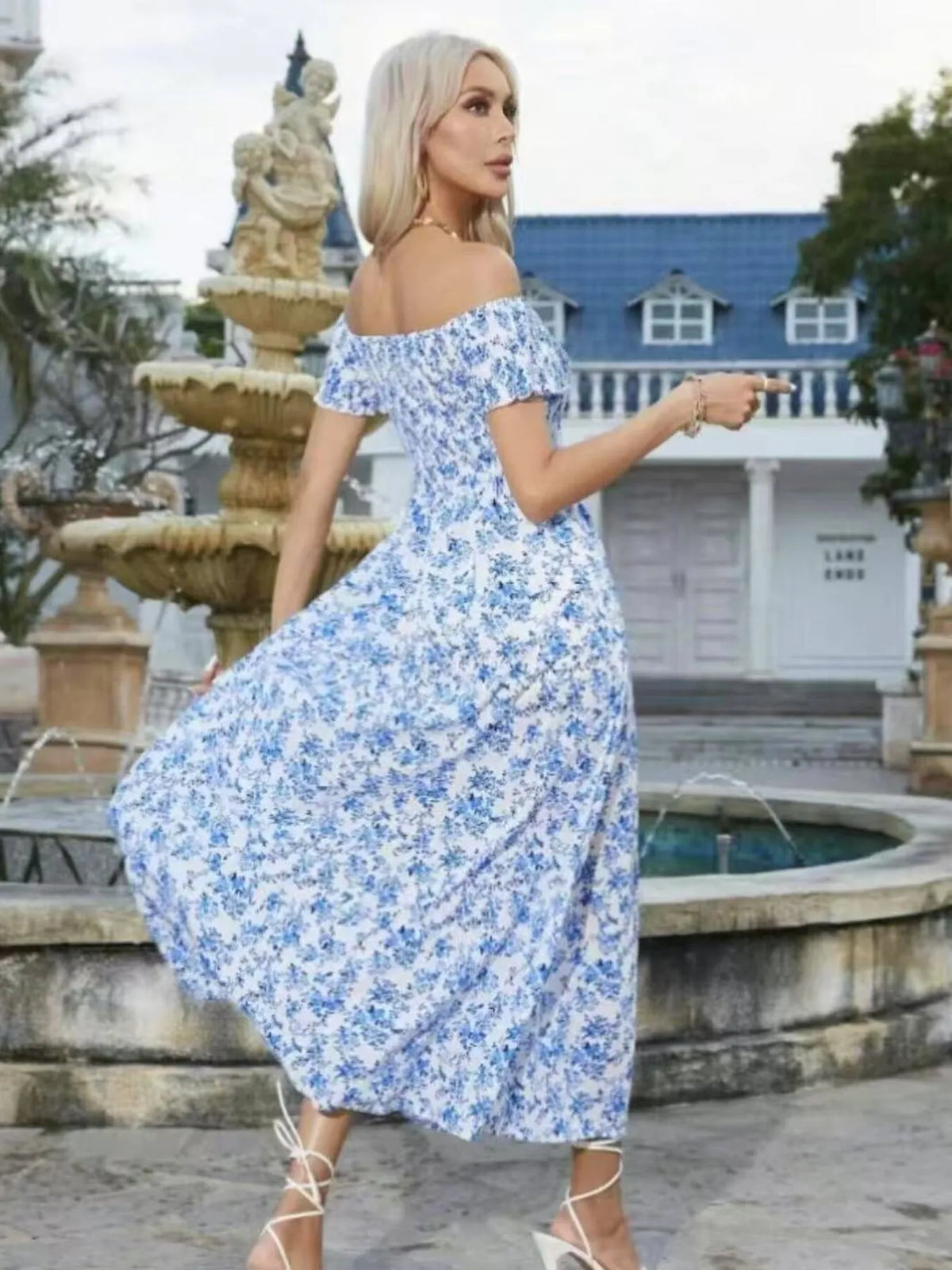 Off-Shoulder Smocked Floral Midi Dress