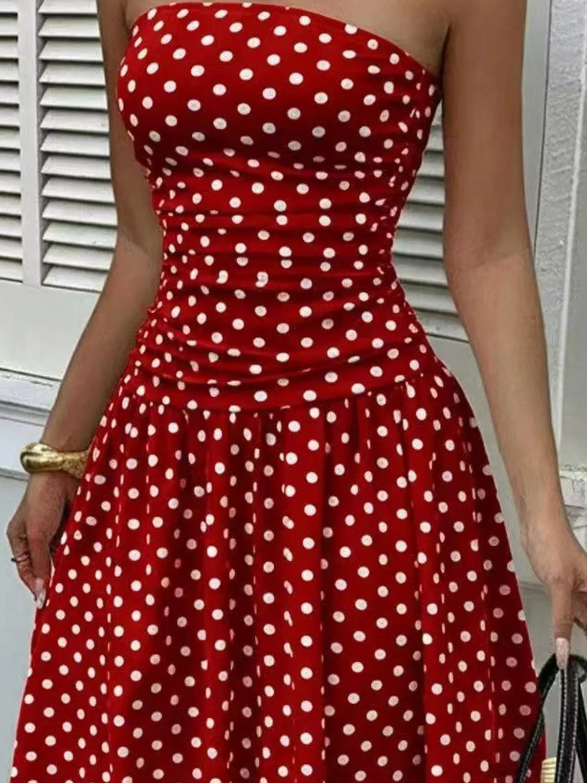 Strapless Polka Dot Ruched Maxi Dress
