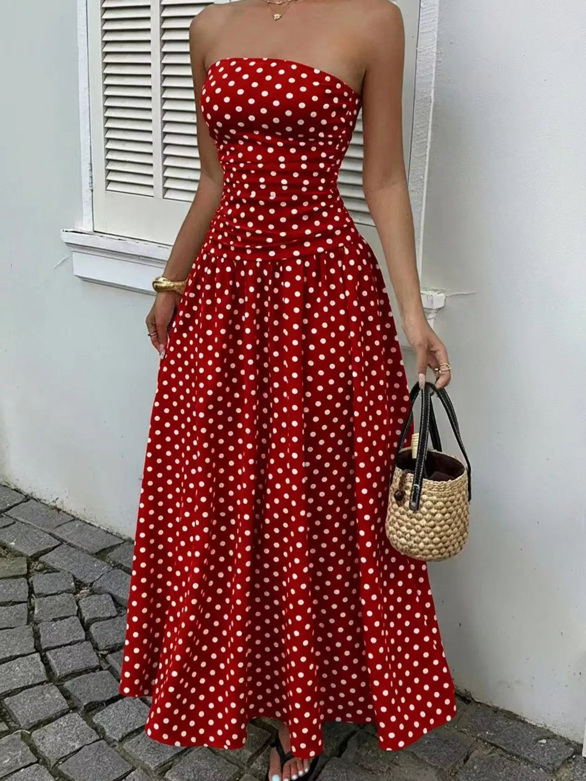 Strapless Polka Dot Ruched Maxi Dress