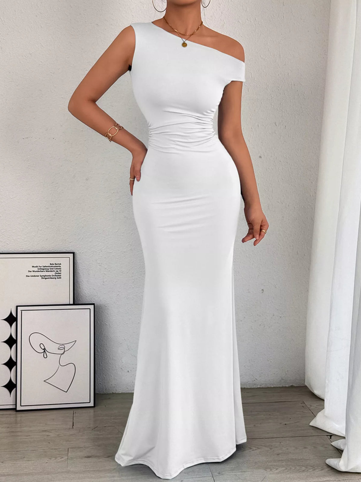 One-Shoulder Ruched Bodycon Maxi Dress