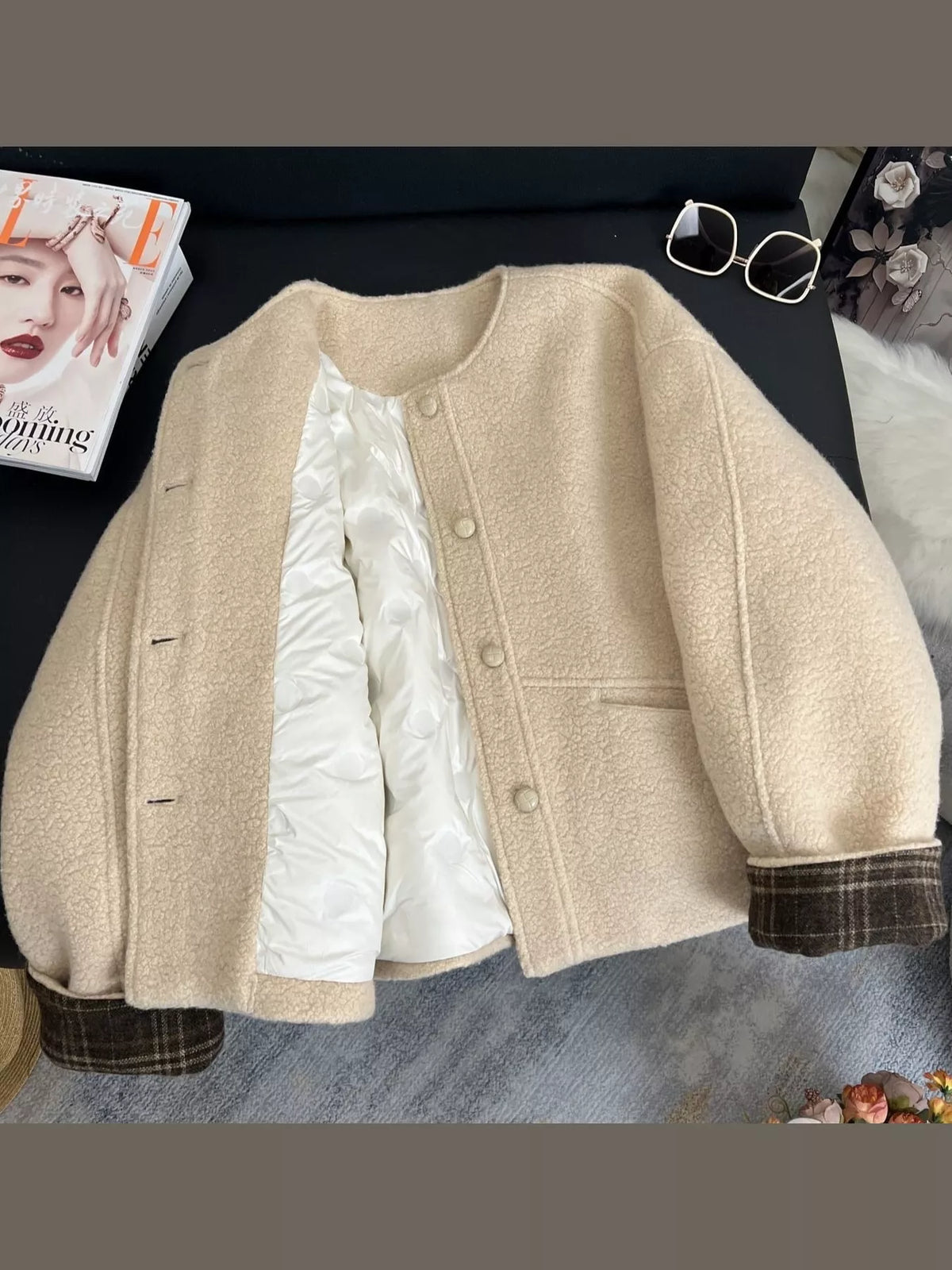 Plaid Cuffs Button-Up Jacket in Off-White in Off-White-Cotton-Padded-Thickened