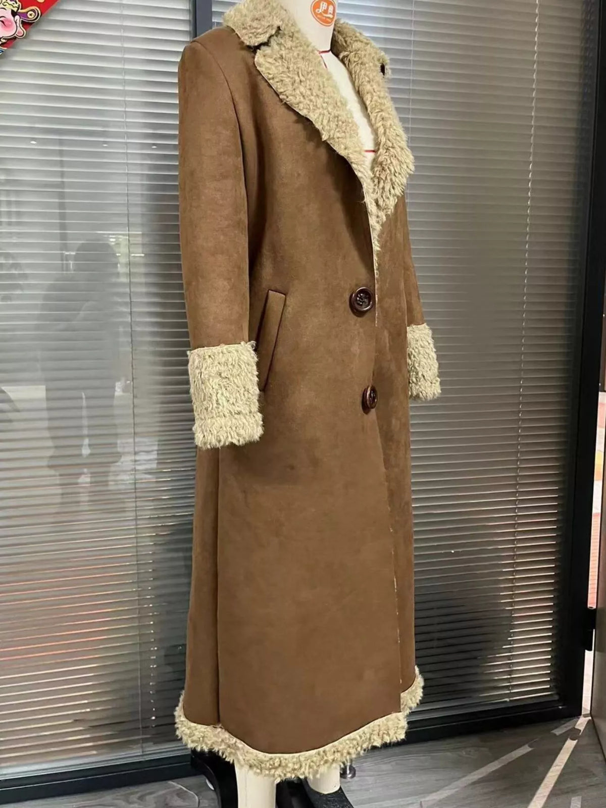 Vintage-Inspired Faux Suede Shearling Coat in Brown