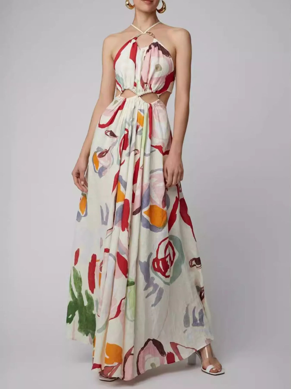 Printed Halter Cut-Out Maxi Dress in White
