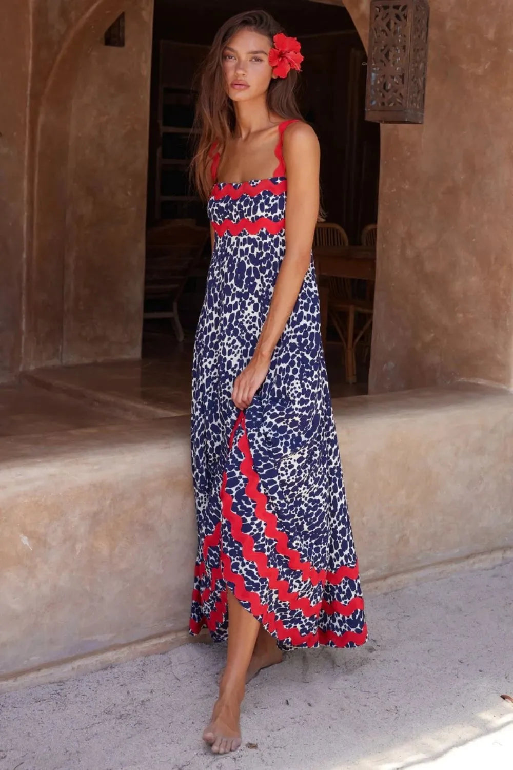Printed Square Neck Maxi Dress in Dark Blue