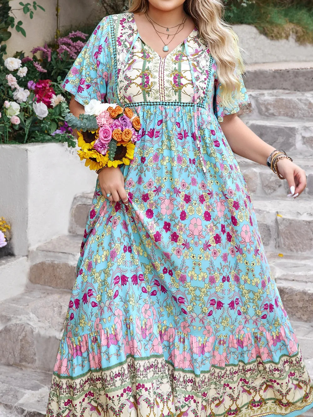 Printed Tie-Neck Flutter Sleeve Maxi Dress in Pastel Blue in Pastel  Blue