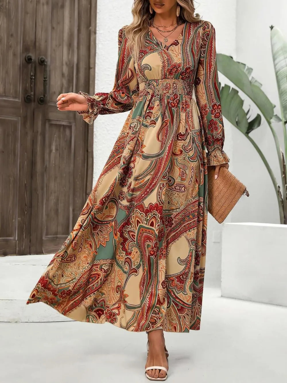 Smocked V-Neck Flounce Sleeve Dress