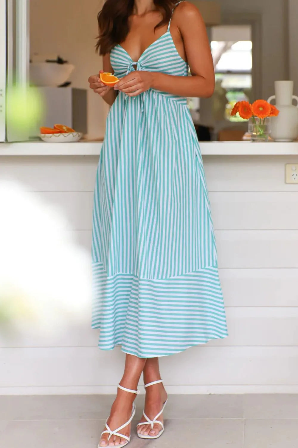 Striped Smocked-Back Midi Dress