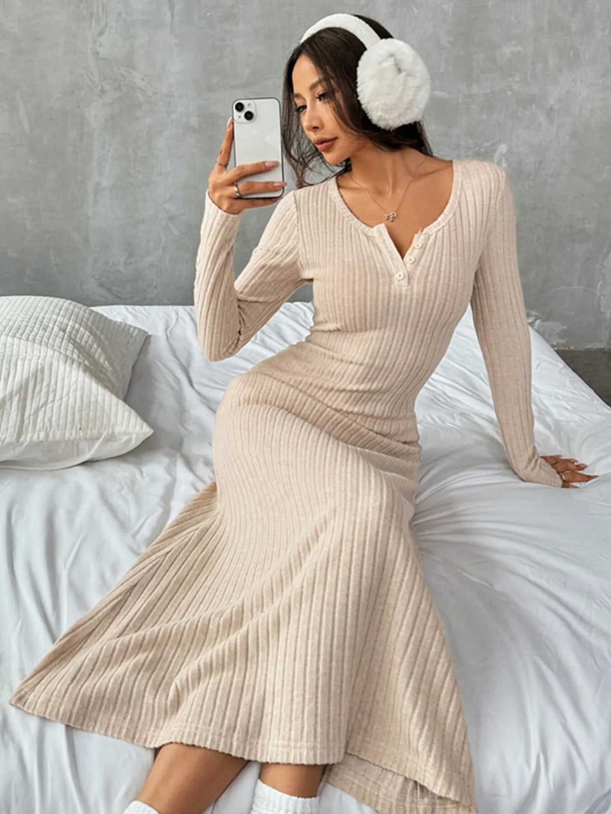 Ribbed Long Sleeve Knit Dress in Off-White by Sara Roman