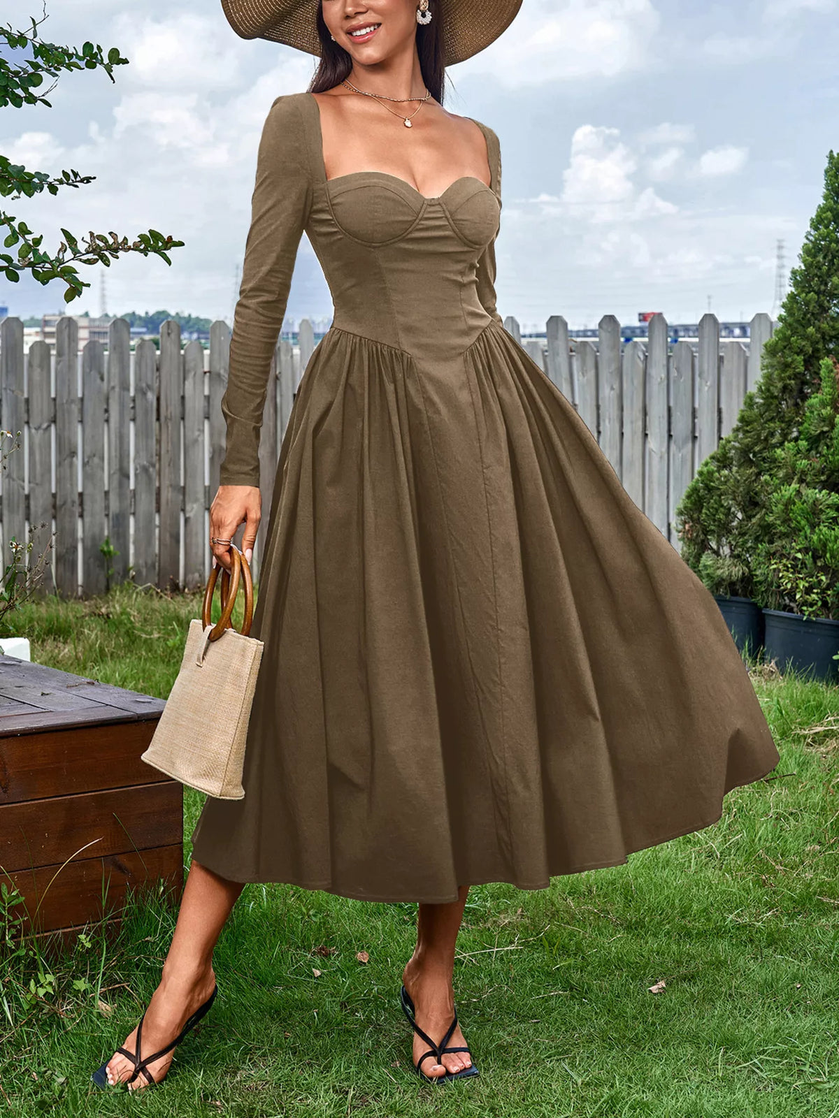 Sweetheart Neckline Long Sleeve A-Line Midi Dress