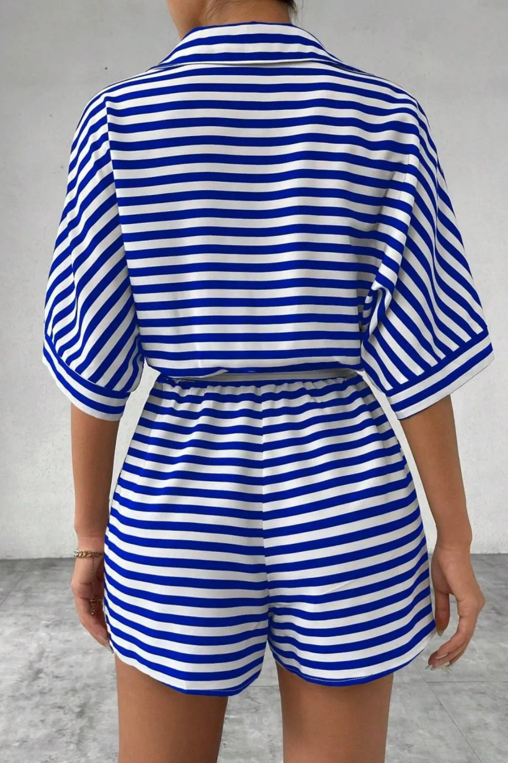 Striped Collared Tie Waist Romper