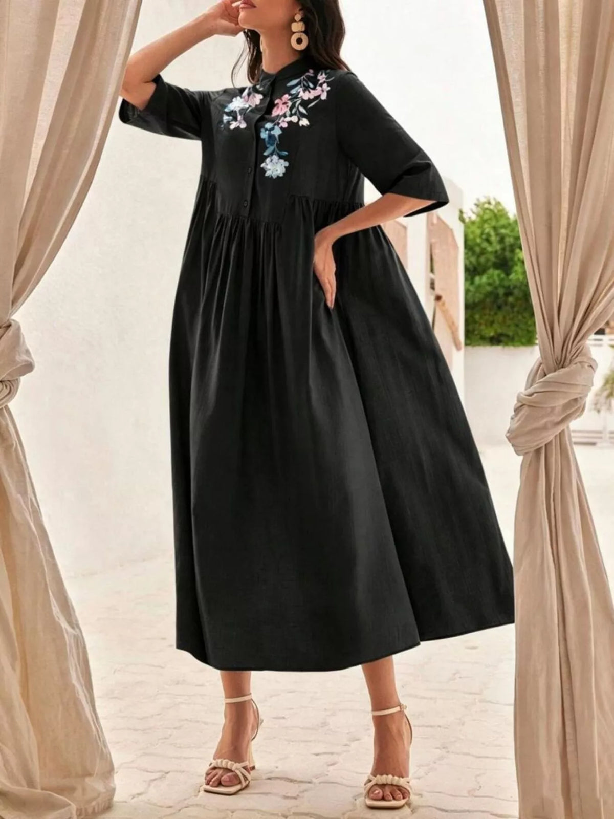 Floral Embroidered Midi Dress in Black