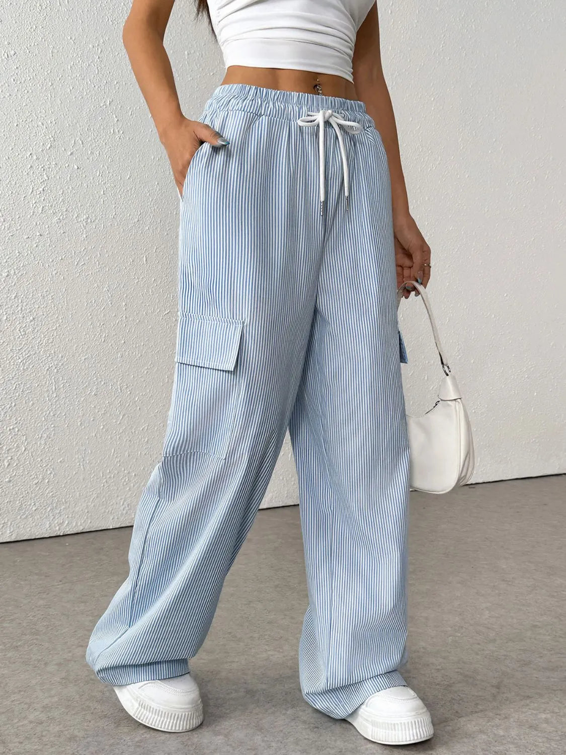 Striped Wide Leg Cargo Pants in Light Blue