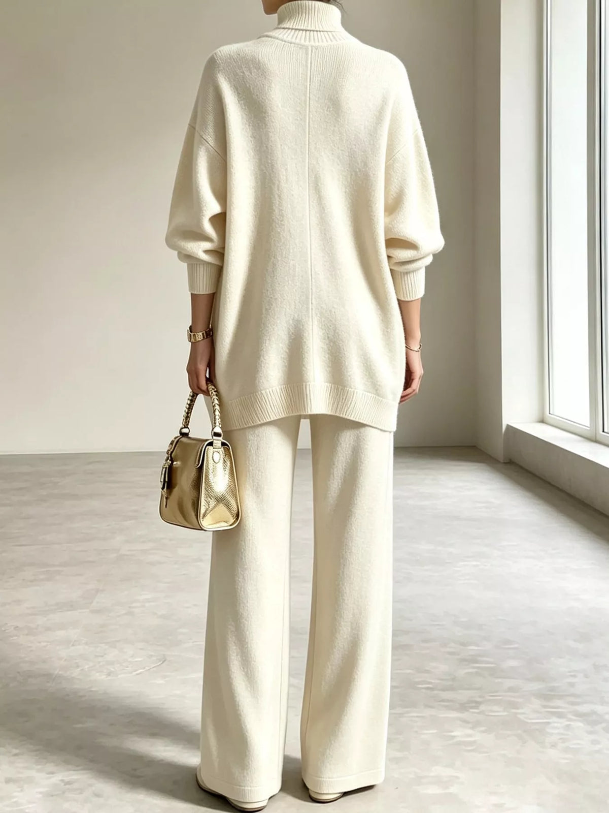 Ribbed Turtleneck Top and Pants Sweater Set