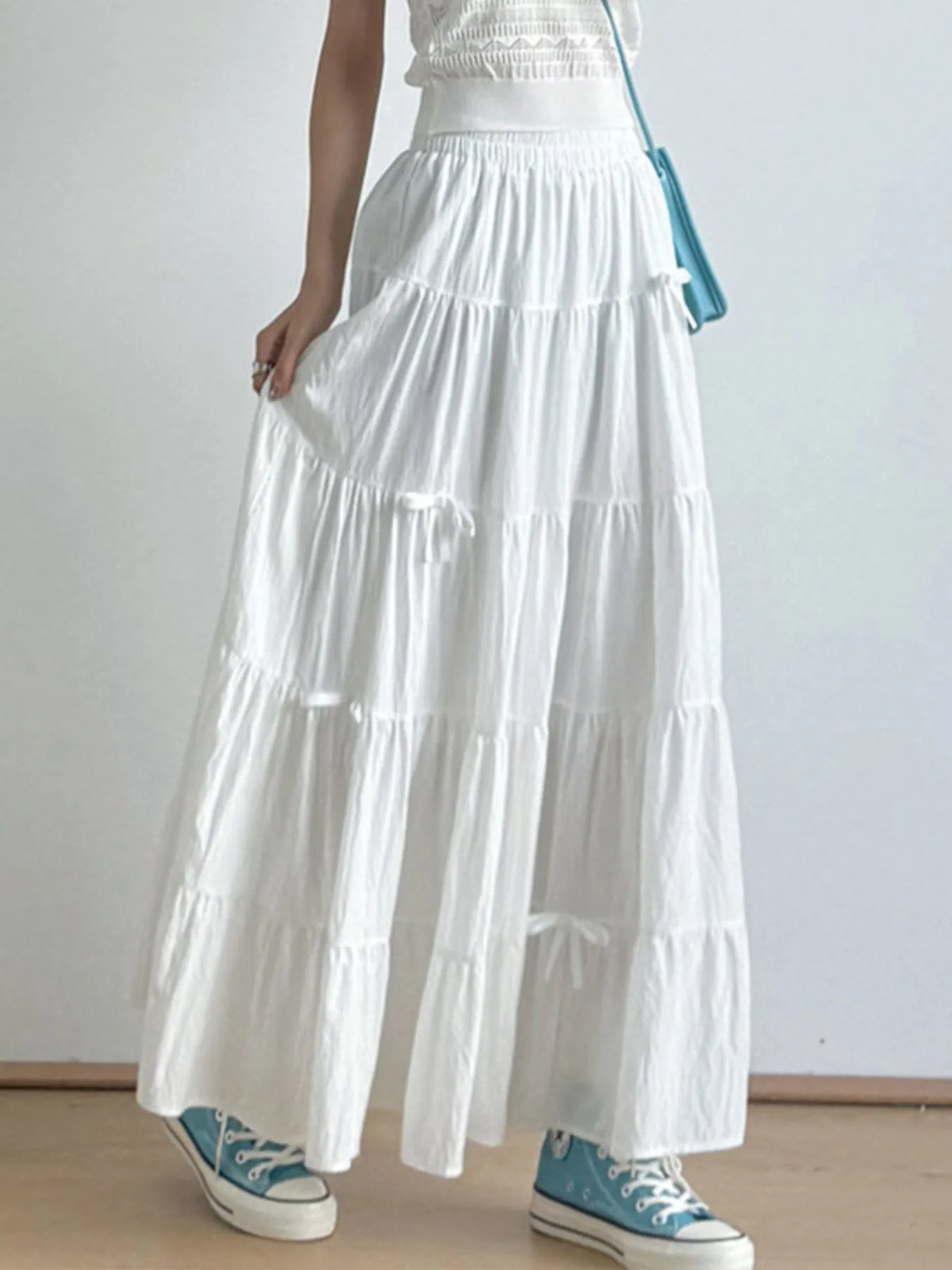 Tiered Bow Maxi Skirt with Elastic Waist