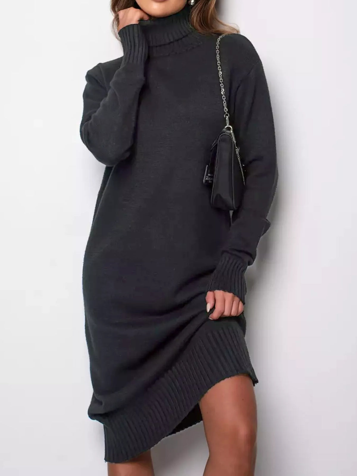 Relaxed Fit Turtleneck Ribbed Knit Sweater Dress
