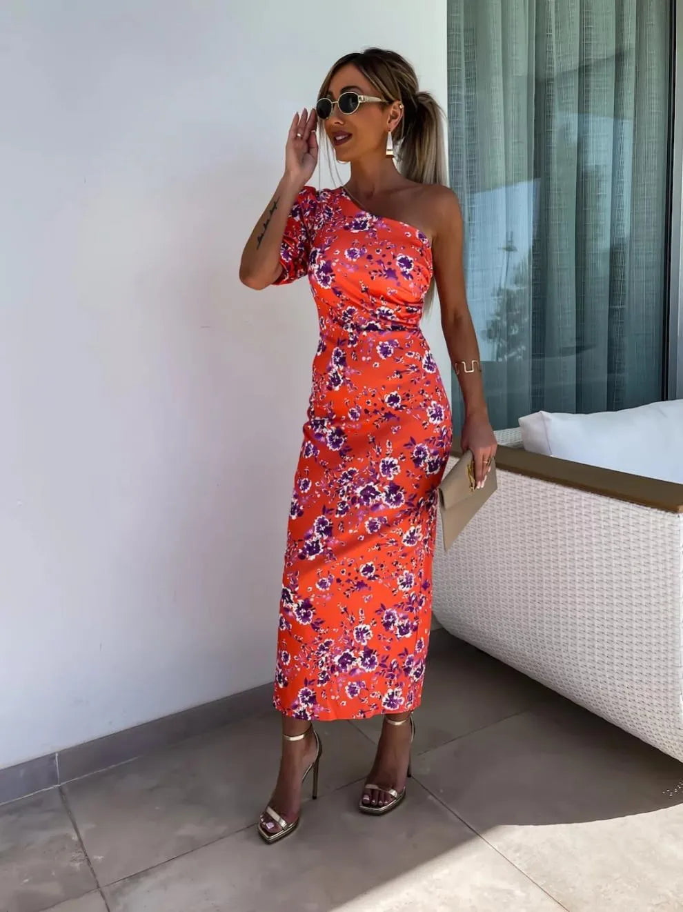 Slit Printed Single Shoulder Midi Dress