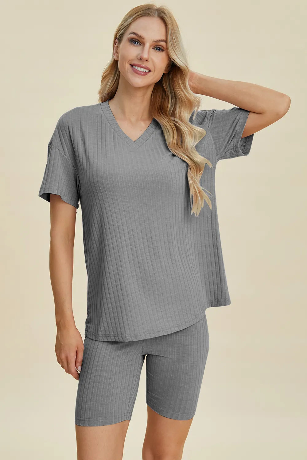 Basic Bae Ribbed V-Neck Top and Shorts Set