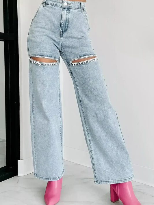High Waist Cut-Out Wide Leg Jeans in Light Blue