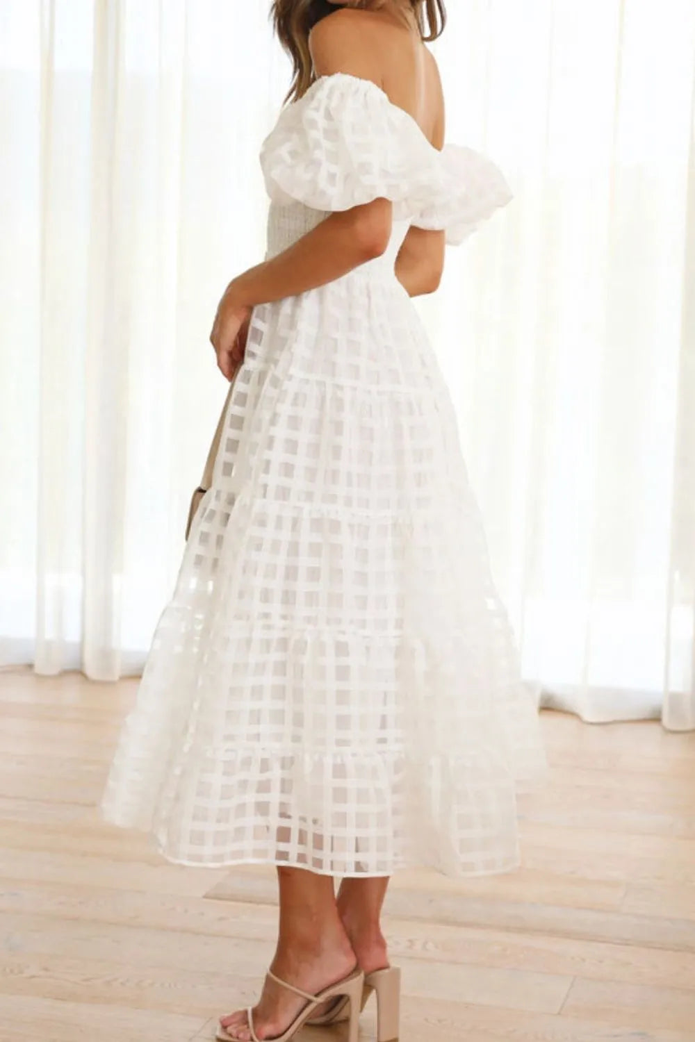 Off Shoulder Puff Sleeve Midi Dress