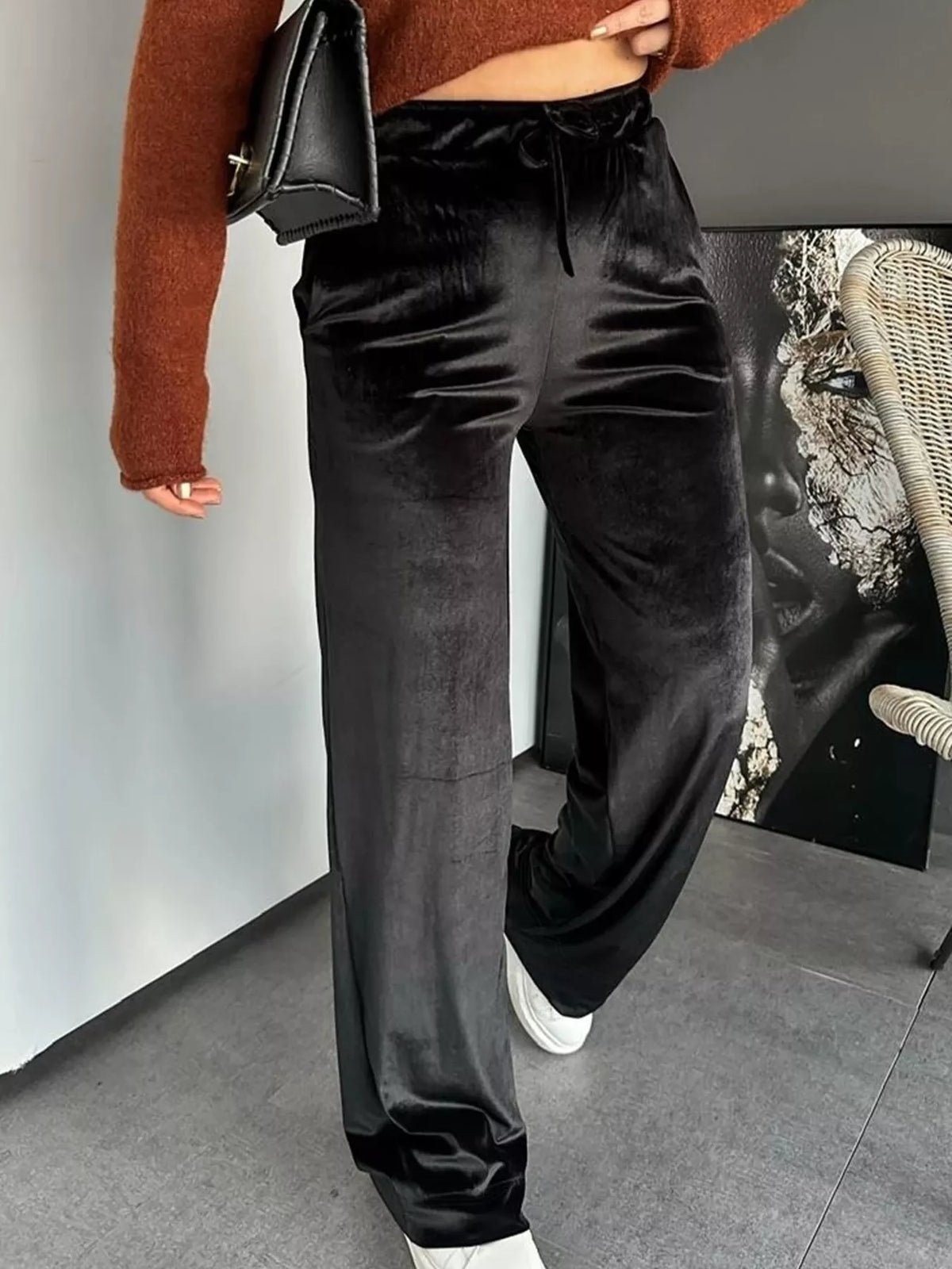 Velvet Wide Leg Pants in Black