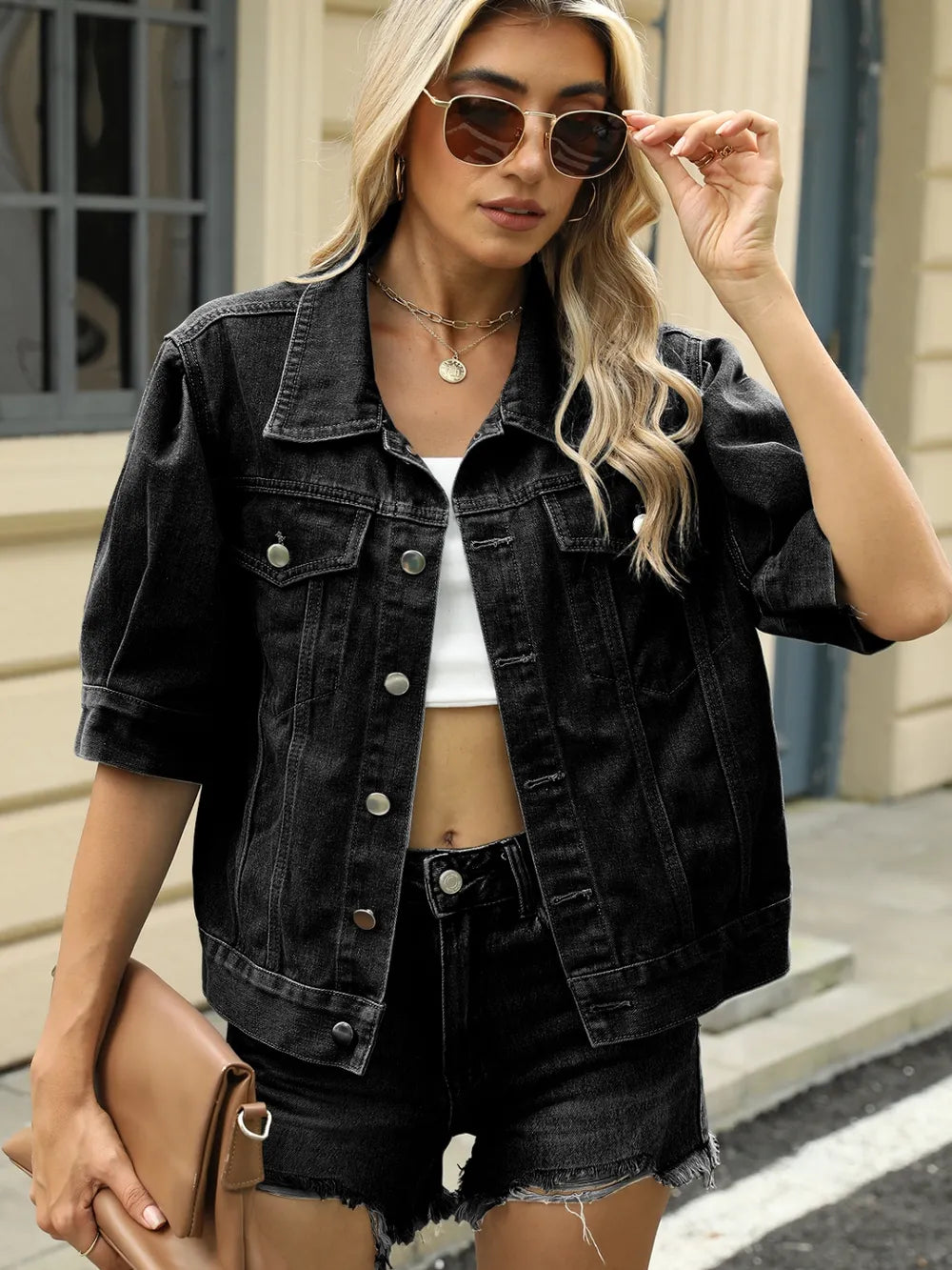 Button-Down Washed Denim Jacket in Black by Moni Wear