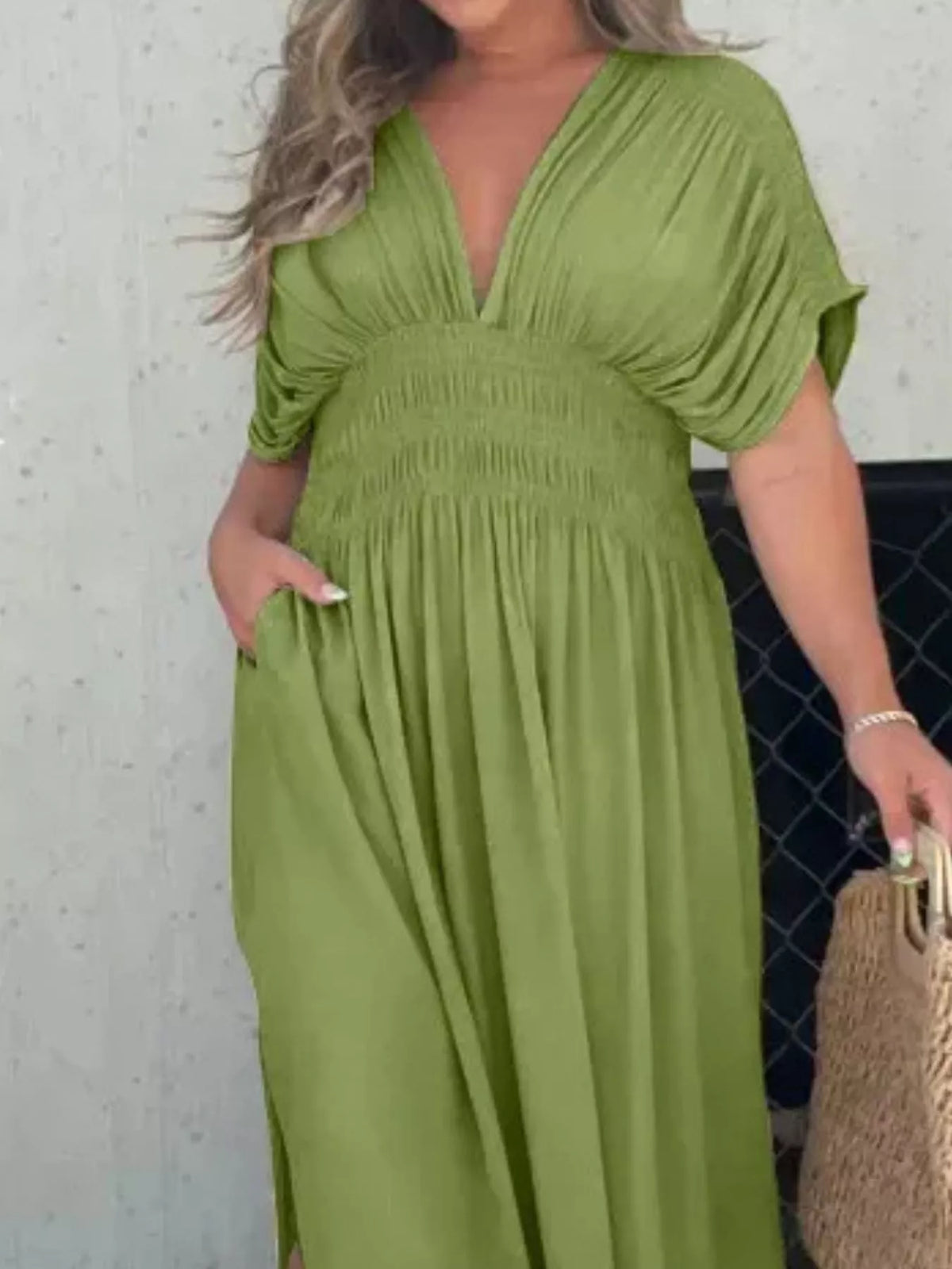 Smocked Waist V-Neck Slit Maxi Dress