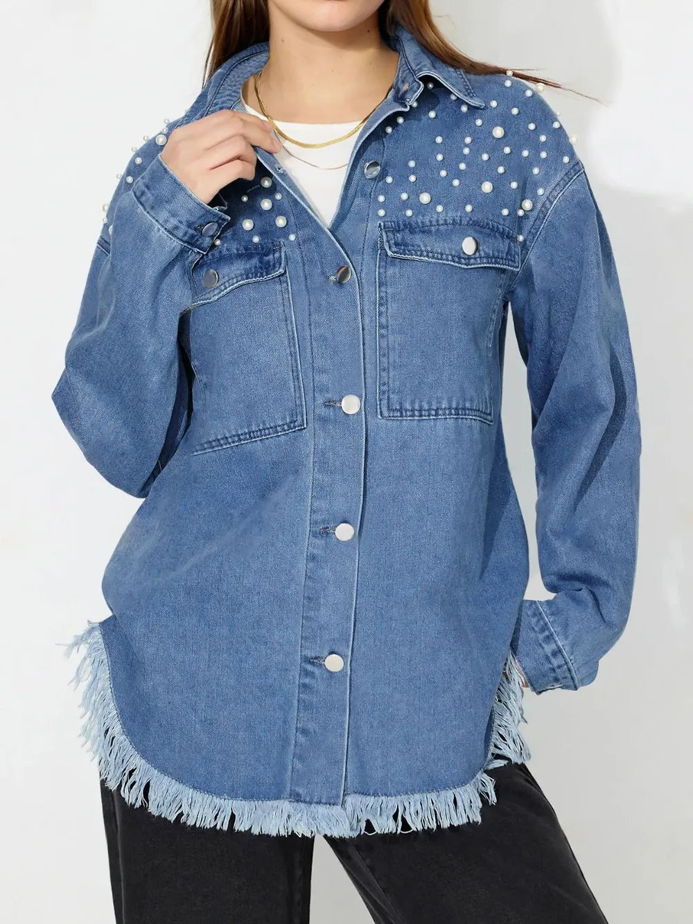 Pearl Trim Collared Denim Top